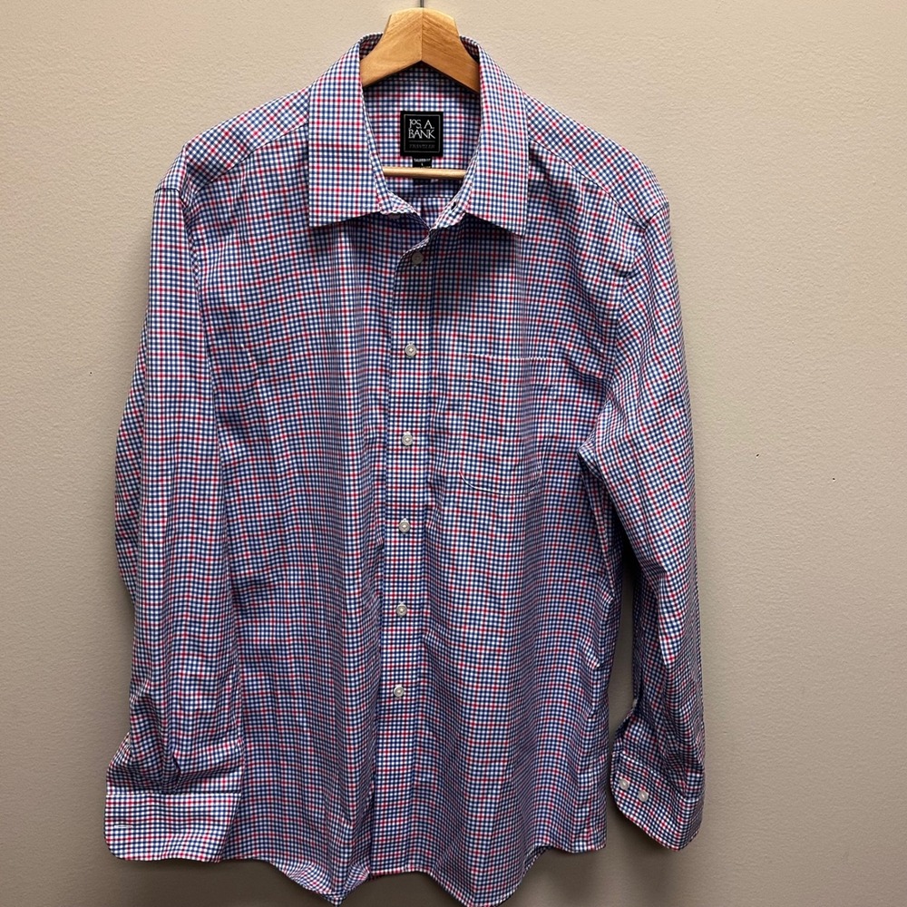 Jos A Bank Traveler Shirt Mens Large Tailored Fit Gingham Check Cotton Business - Picture 2 of 7